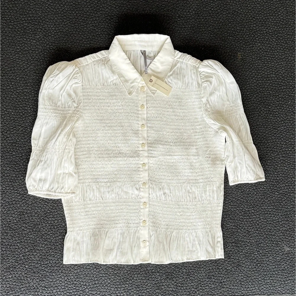 Anthropologie Smocked Puff Sleeve Blouse Womens Large Ivory Ruffle Romantic Boho